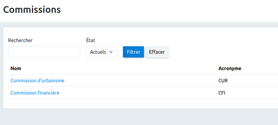 Menu des instances