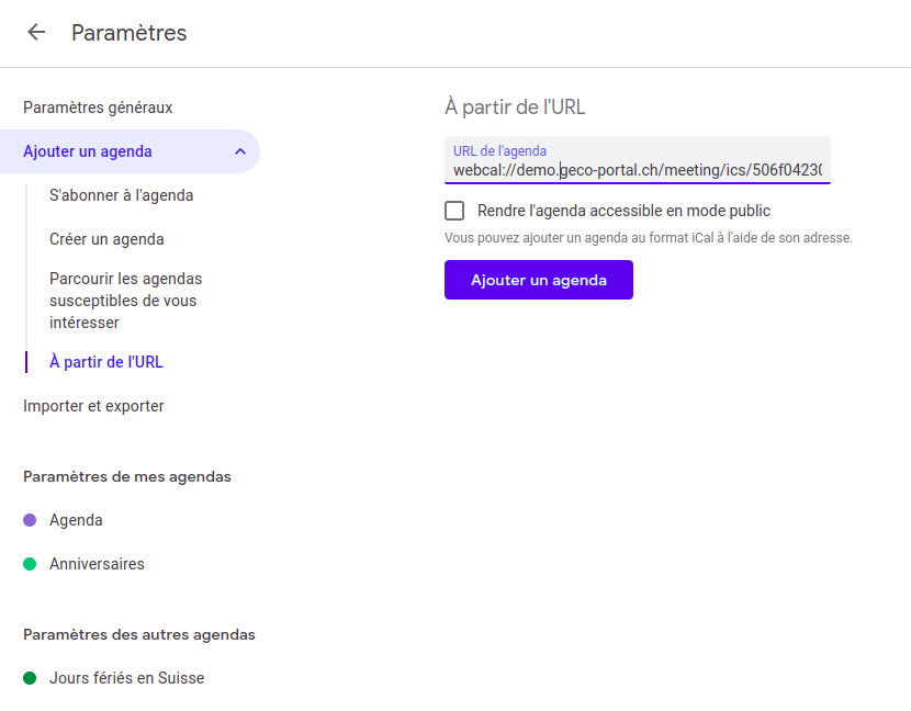 Coller le lien et ajouter l'agenda