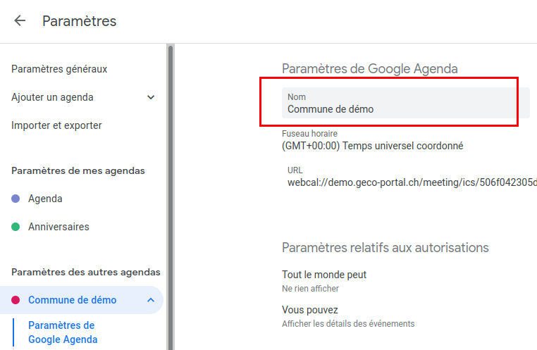 Modifier le nom de l'agenda