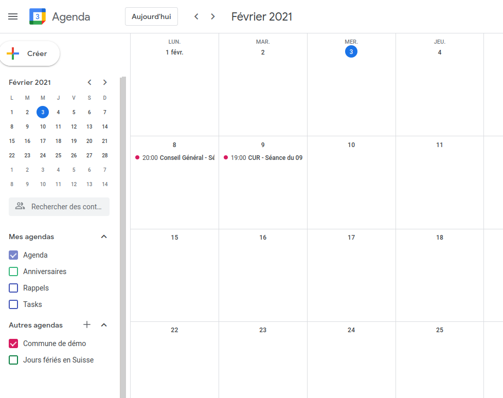 Calendrier disponible dans Google Agenda