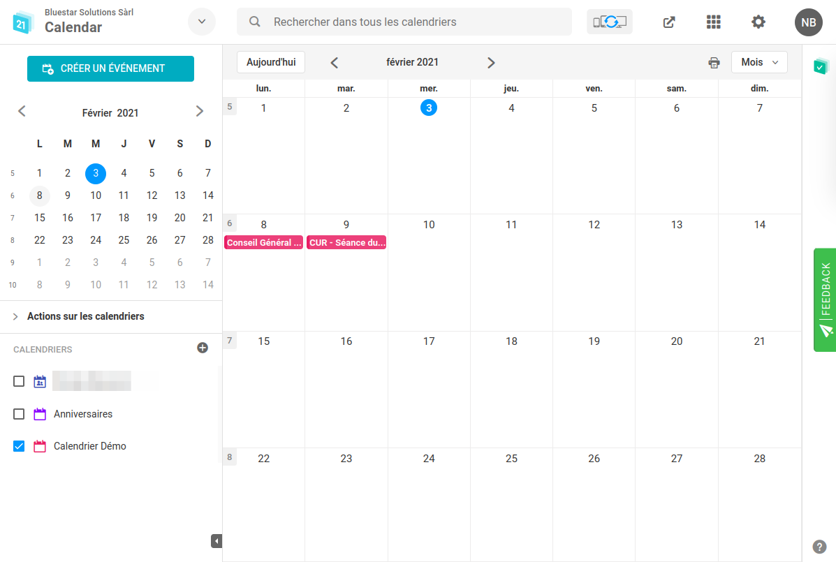 Calendrier disponible dans Infomaniak