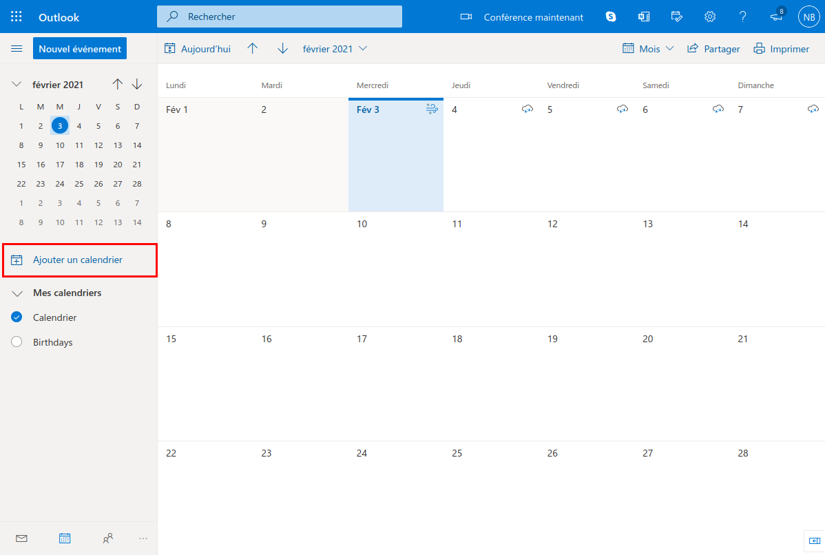 Ajouter un calendrier dans Outlook.com