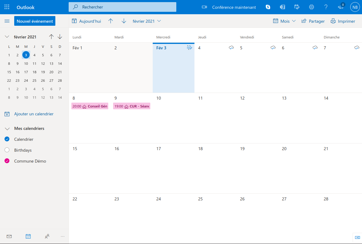 Agenda disponible dans Outlook.com